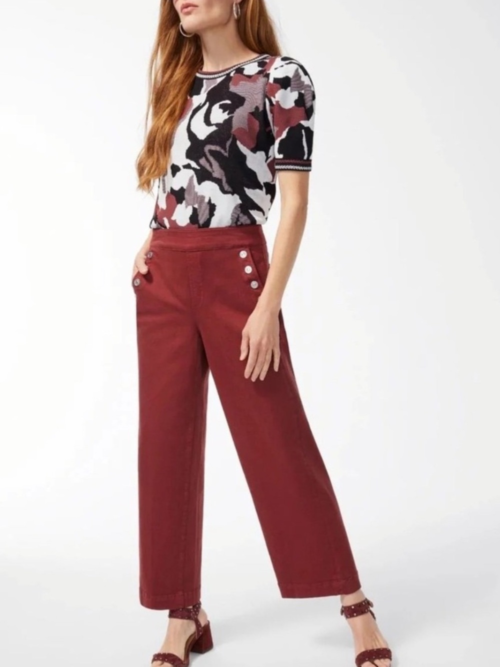 Chicos Wide Leg Ankle Pants Burgundy Sailor Button Red Trousers 1.5T 10T